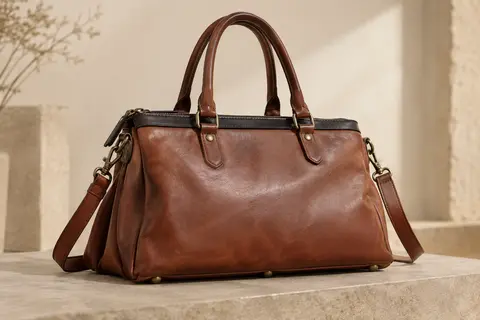 Sac à main horizontal en cuir de vachette avec doubles poignées, bandoulière amovible et détails métalliques bronze.