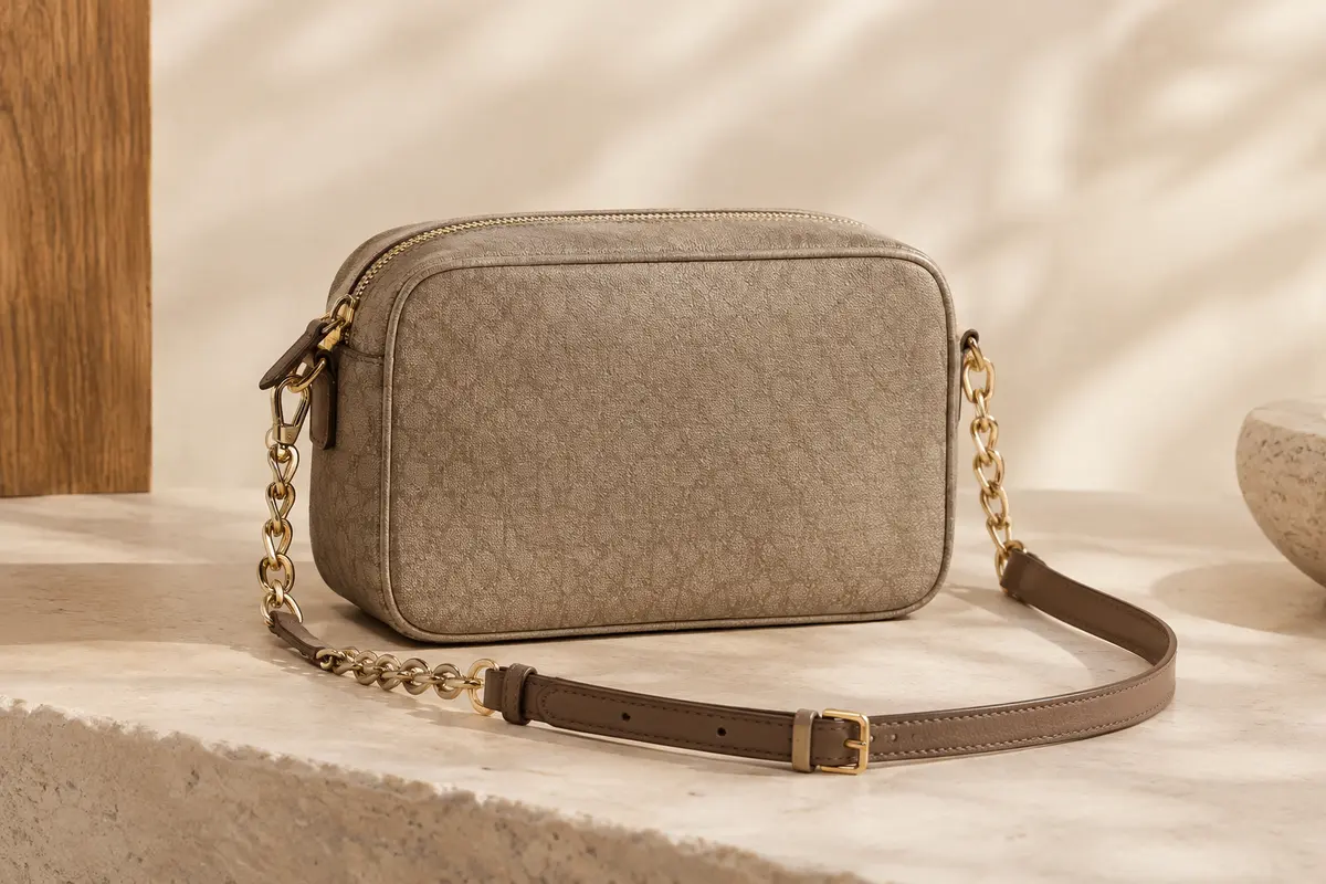 Sac bandoulière en toile enduite avec bandoulière réglable en cuir et chaîne, fermeture zippée et poches intérieures