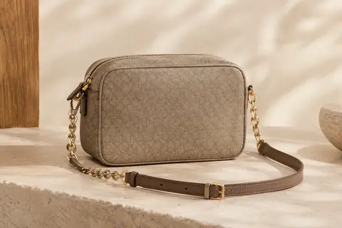 Sac bandoulière en toile enduite avec bandoulière réglable en cuir et chaîne, fermeture zippée et poches intérieures
