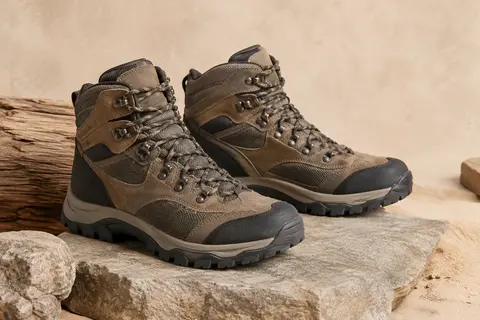 Paire de chaussures de randonnée montantes en daim et textile, posée sur une pierre mate