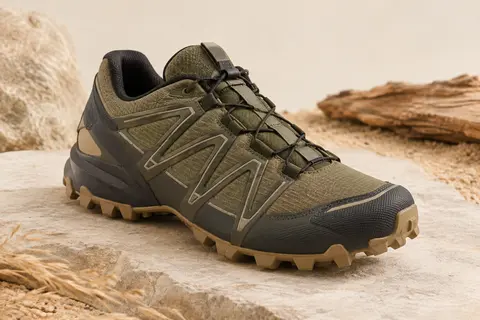Chaussure de trail Salomon Speedcross pour homme présentée sur une pierre mate, crampons visibles.