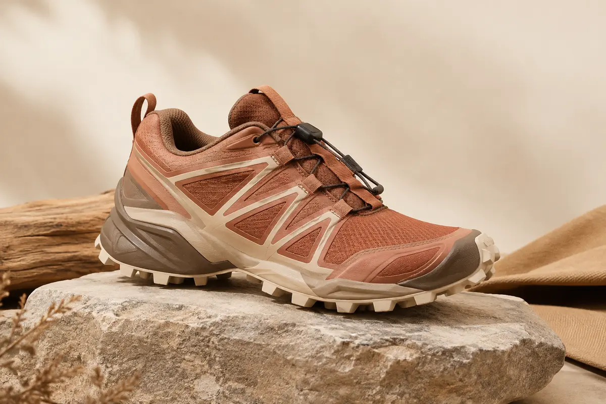 Chaussure de trail Salomon Speedcross Peak présentée seule, avec sa semelle à crampons visible sur une pierre mate.