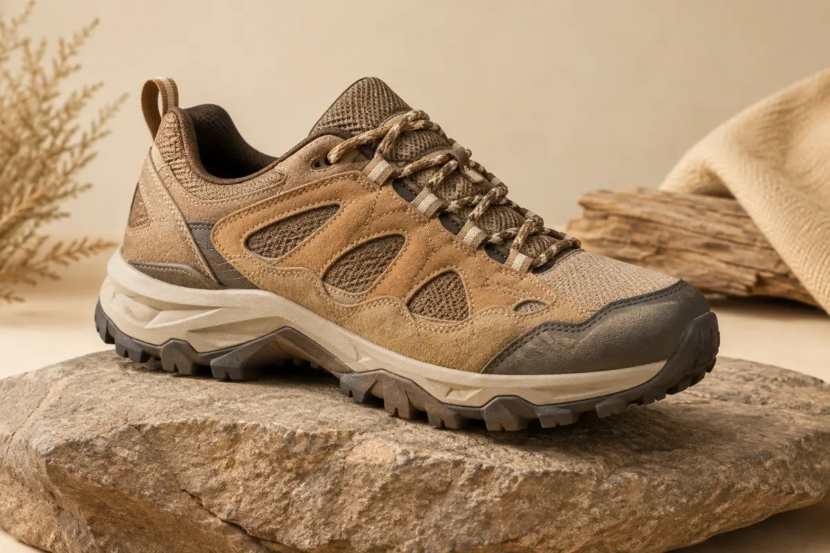 Chaussure de trail pour homme avec pare-pierres renforcé, présentée sur une pierre mate dans un décor naturel
