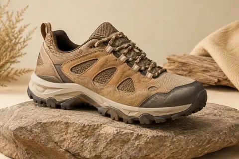 Chaussure de trail pour homme avec pare-pierres renforcé, présentée sur une pierre mate dans un décor naturel