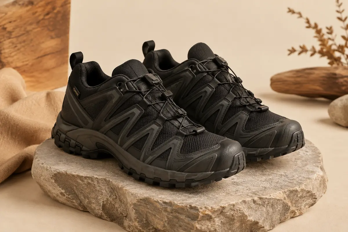Paire de chaussures de trail noires pour femme posée sur une pierre mate, dans un décor naturel aux tons ivoire et sable.