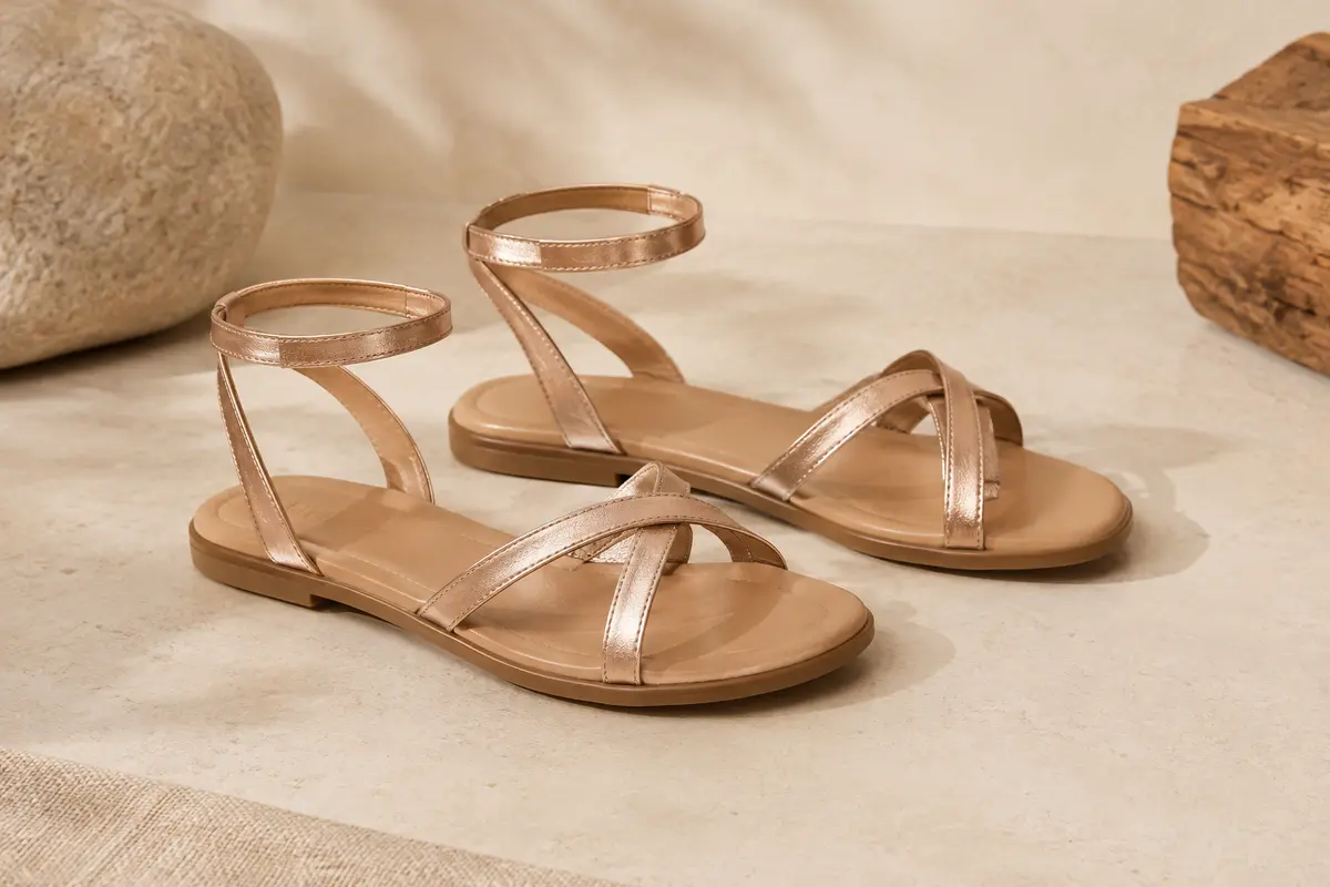Paire de sandales ouvertes à brides croisées métallisées or rose avec bride de cheville et semelle en caoutchouc