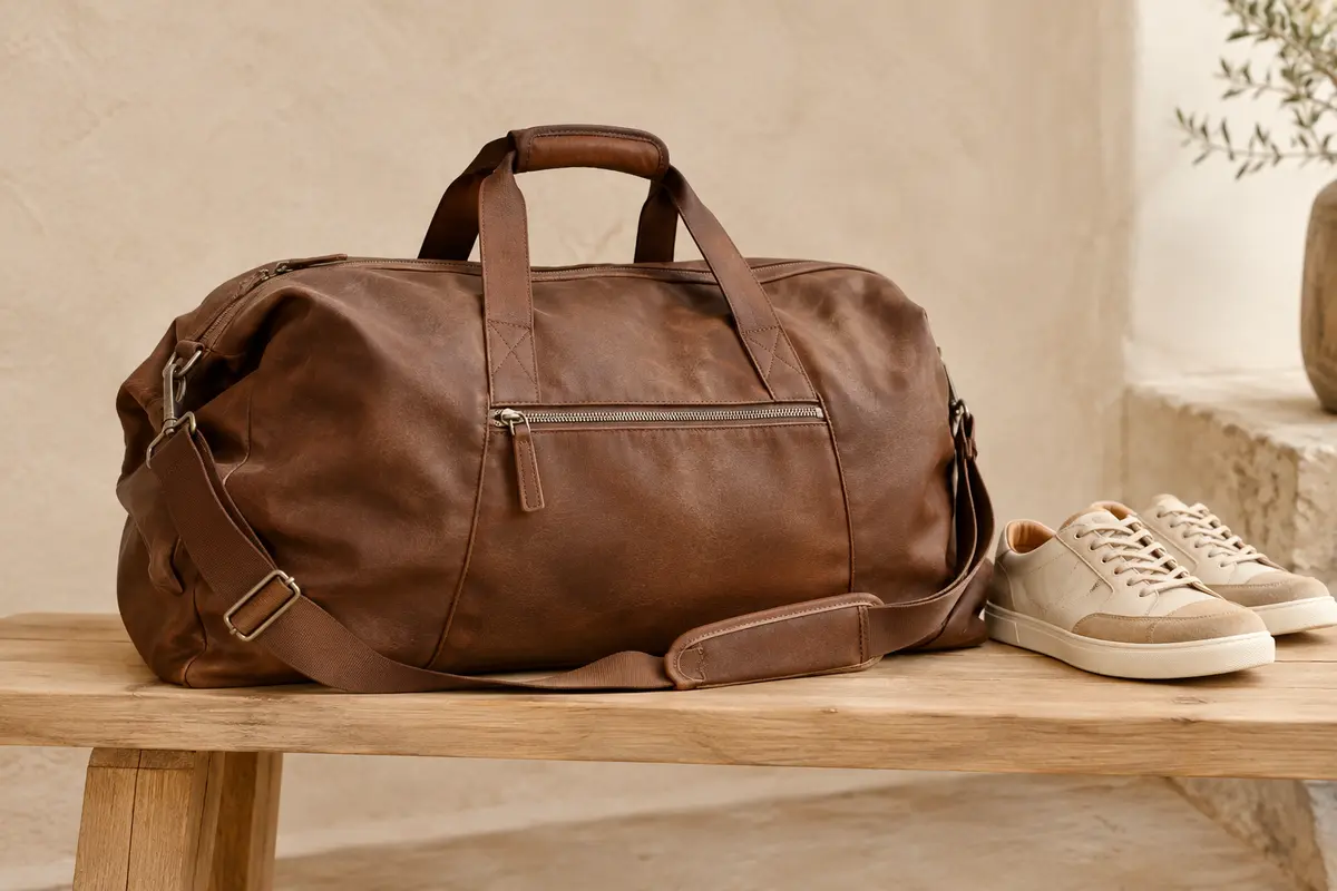 Sac de voyage en cuir avec poche zippée à l’avant, bandoulière réglable et espace dédié aux chaussures