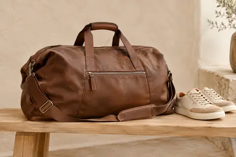 Sac de voyage en cuir avec poche zippée à l’avant, bandoulière réglable et espace dédié aux chaussures