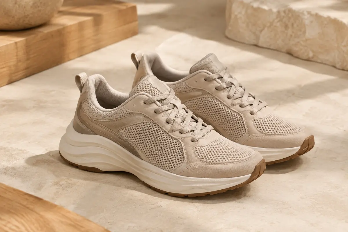 Paire de chaussures de running femme à tige en maille et semelle épaisse en EVA, posée sur une surface minérale claire.