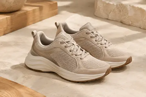 Paire de chaussures de running femme à tige en maille et semelle épaisse en EVA, posée sur une surface minérale claire.