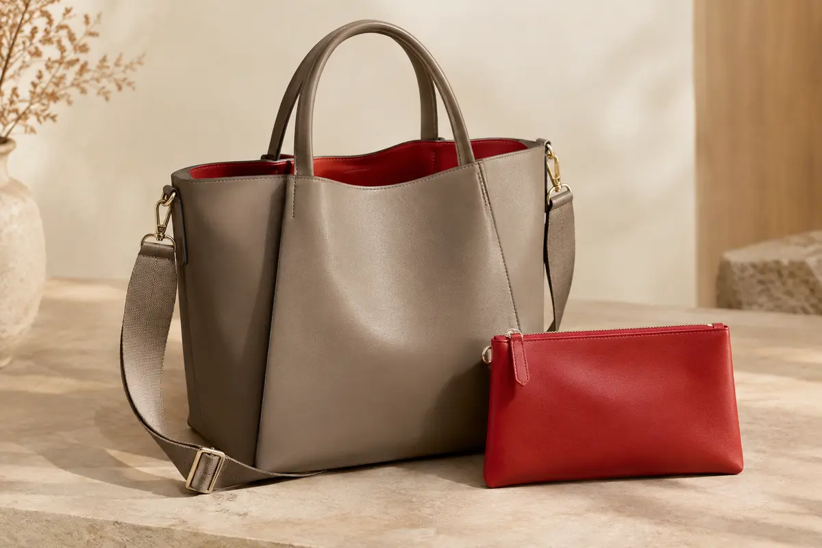 Sac cabas en cuir PU avec doublure rouge et pochette centrale amovible sur un fond sable.