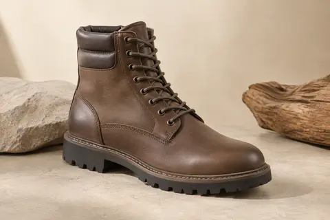 Botte homme en cuir à lacets, avec col rembourré et semelle crantée en caoutchouc sur fond sable.