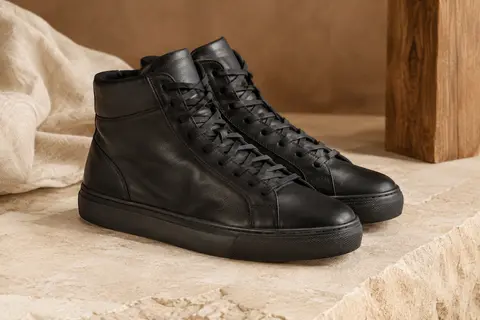 Paire de sneakers montantes noires à lacets en cuir, posées sur une surface mate couleur sable.