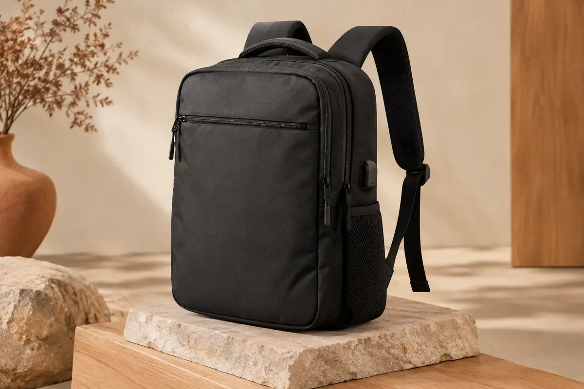 Sac à dos noir en polyester avec poches latérales, bretelles réglables et compartiment pour ordinateur, sur fond sable.