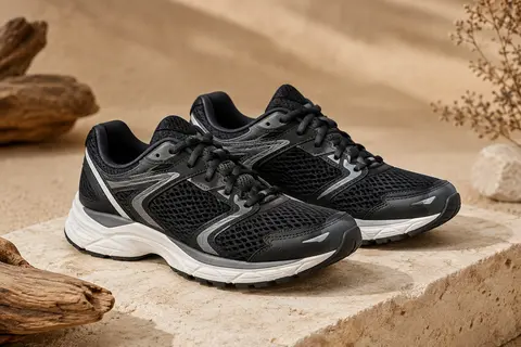 Paire de chaussures de running femme noires et gris anthracite avec semelle en caoutchouc