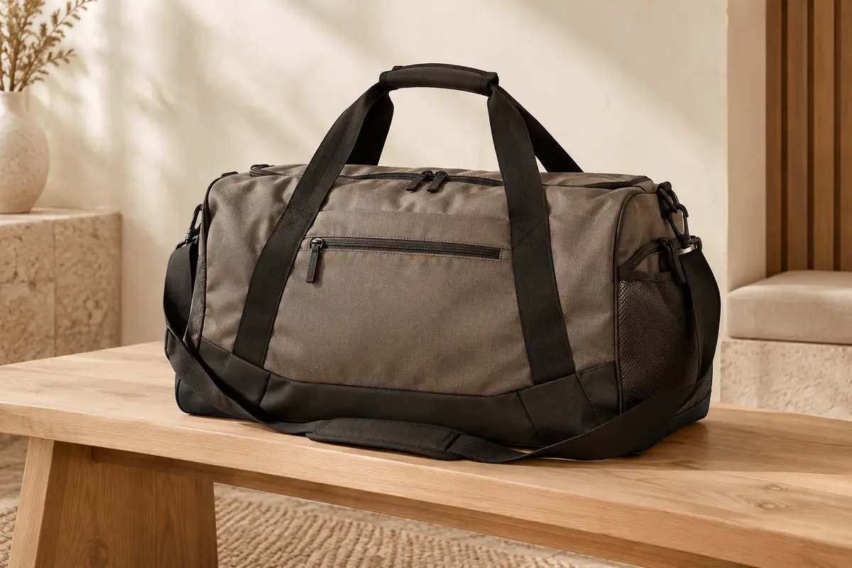 Sac cabas de sport en polyester avec poche avant zippée, renforts et bandoulière réglable