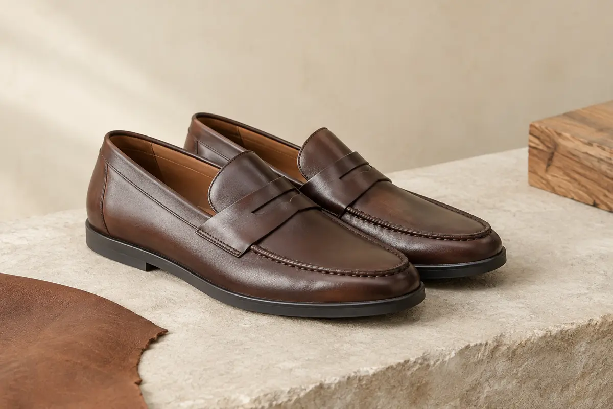 Mocassins homme en cuir à enfiler, posés sur une surface claire avec leur semelle en caoutchouc visible.