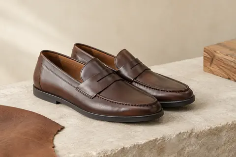 Mocassins homme en cuir à enfiler, posés sur une surface claire avec leur semelle en caoutchouc visible.