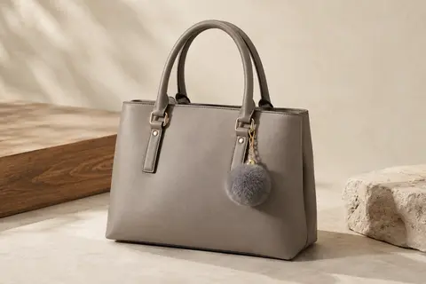 Cabas femme URAQT en cuir PU avec poignées, détails dorés et pompon gris, présenté sur un fond clair