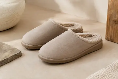 Paire de mules d’intérieur à enfiler, avec extérieur synthétique, doublure en peluche et semelle en caoutchouc thermoplastique.