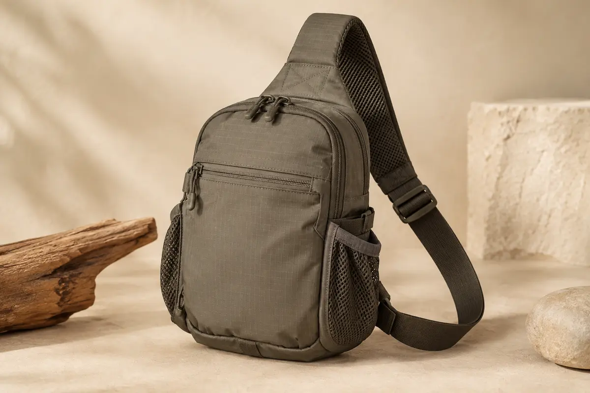 Sac bandoulière compact en nylon ripstop avec sangle réglable, poches zippées et rangements latéraux en filet