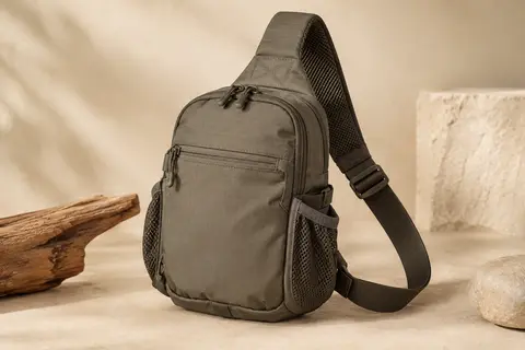Sac bandoulière compact en nylon ripstop avec sangle réglable, poches zippées et rangements latéraux en filet