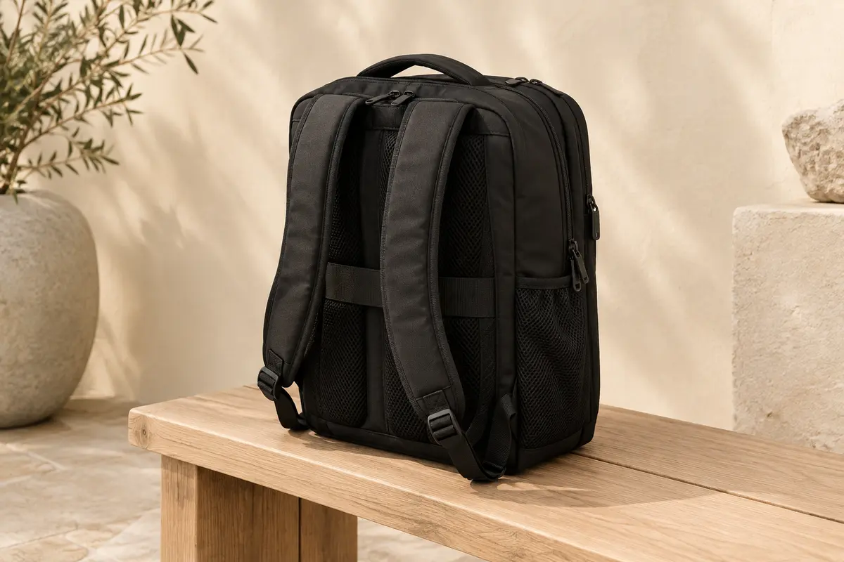 Sac à dos cabine noir en polyester posé sur un banc clair, avec bretelles, poches et sangle trolley visibles.