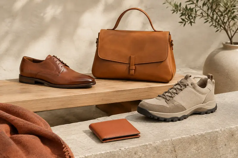 Sélection de chaussures et de sacs présentée sur des matières naturelles aux tons chauds