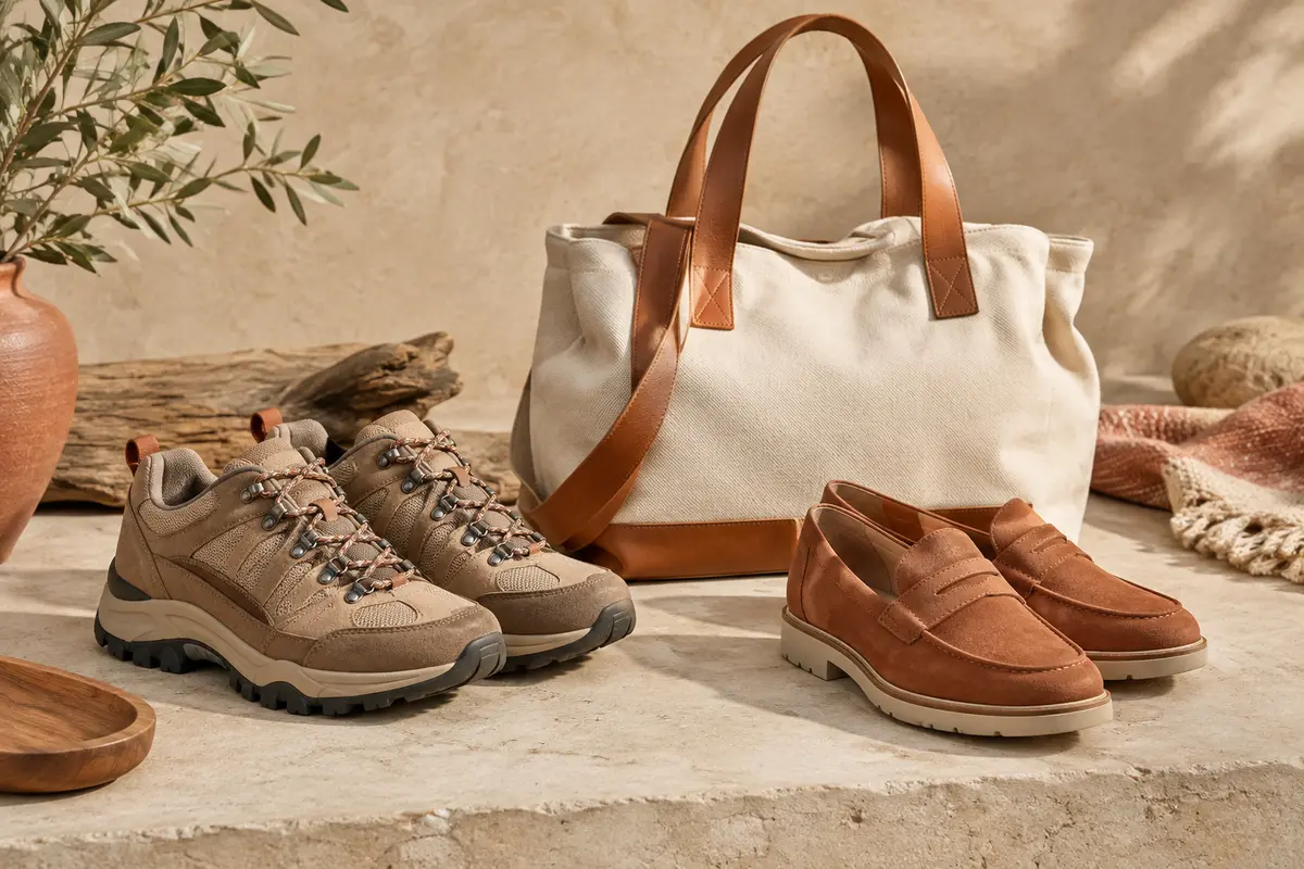 Chaussures de ville et de plein air réunies avec un sac sur un fond sable lumineux